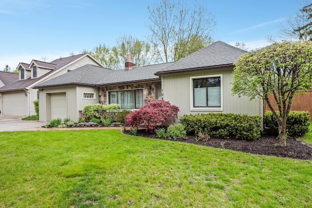 ranch-style house with a front lawn, a chimney, a shingled roof, concrete driveway, and an attached garage