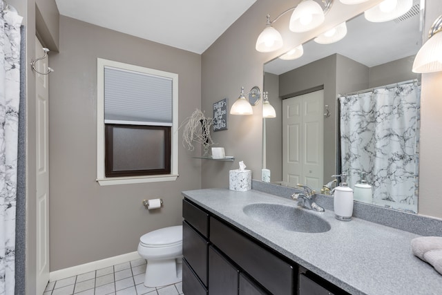 bathroom featuring vanity, toilet, baseboards, tile patterned floors, and a shower with curtain