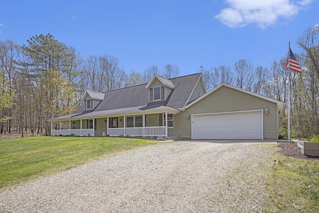 cape cod house featuring covered porch, driveway, a front yard, and a garage