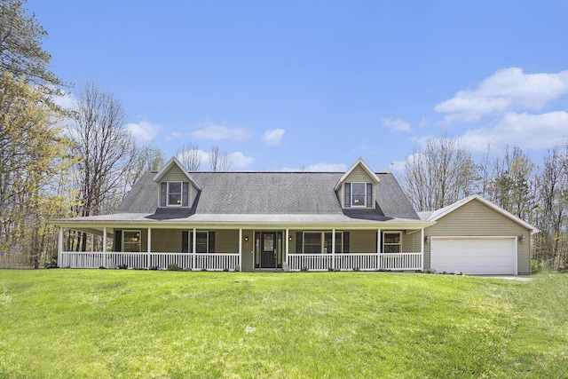 farmhouse-style home featuring a porch, a garage, and a front lawn