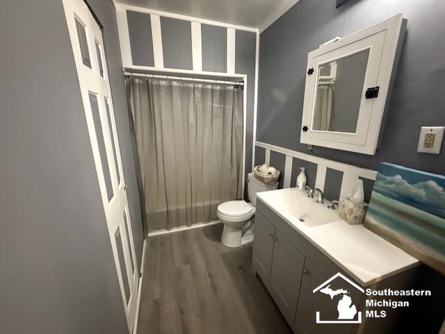bathroom with vanity, toilet, wood finished floors, and a shower with shower curtain