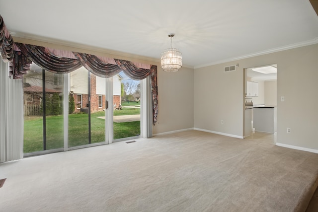 3351 Muerknoll Dr, Troy, MI 48084 - interior space with light colored carpet, crown molding, visible vents, baseboards, and an inviting chandelier