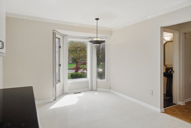 3351 Muerknoll Dr, Troy, MI 48084 - unfurnished dining area with baseboards, ornamental molding, and visible vents