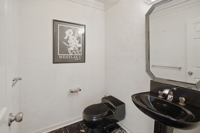 3351 Muerknoll Dr, Troy, MI 48084 - half bath featuring crown molding, a sink, toilet, marble finish floor, and baseboards