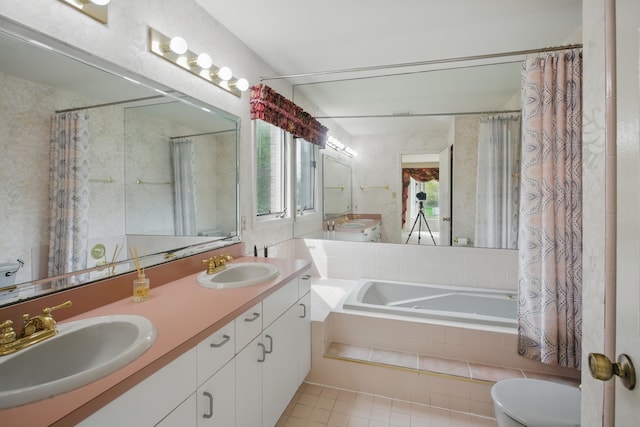 3351 Muerknoll Dr, Troy, MI 48084 - bathroom featuring a sink, tile patterned floors, tiled bath, and toilet