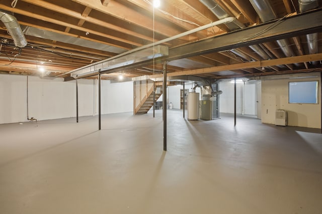 3351 Muerknoll Dr, Troy, MI 48084 - unfinished basement with water heater, heating unit, and stairs