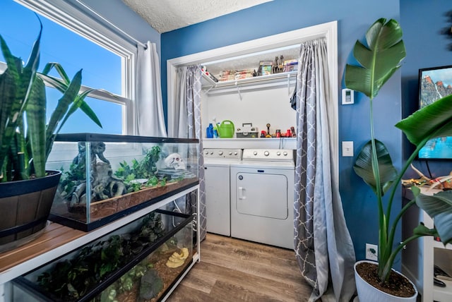 laundry room featuring a textured ceiling, laundry area, washing machine and dryer, and wood finished floors