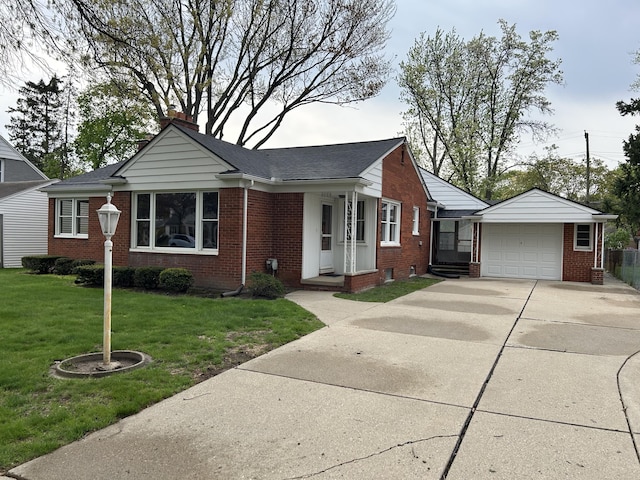 ranch-style home with concrete driveway, brick siding, a chimney, and a front yard
