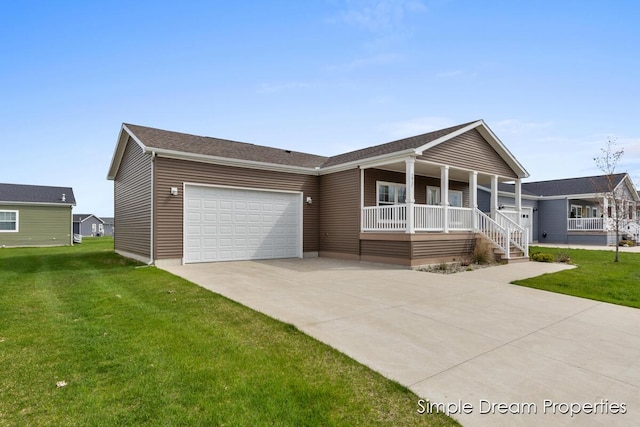 ranch-style home featuring a porch, an attached garage, driveway, and a front yard