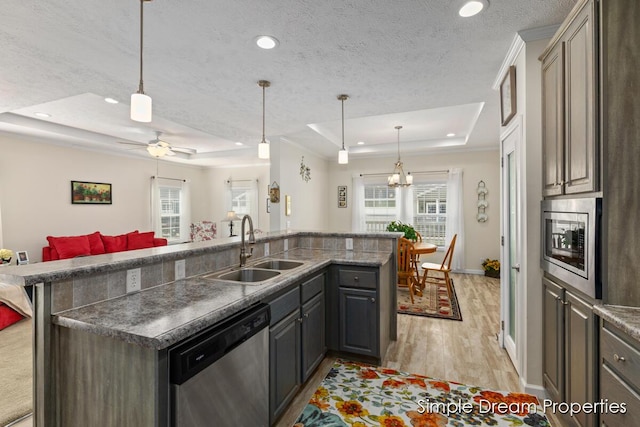 kitchen featuring a sink, stainless steel appliances, plenty of natural light, and a tray ceiling