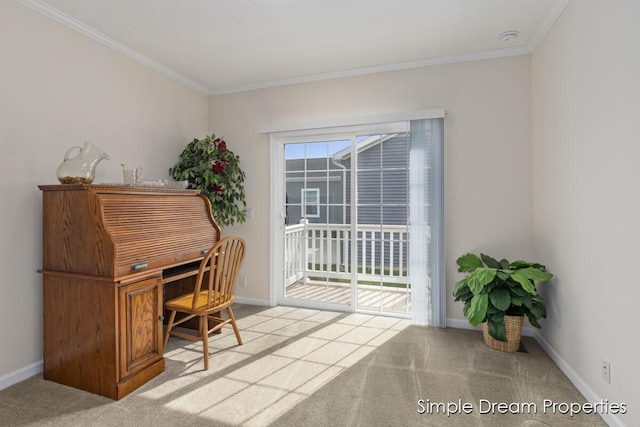 carpeted office with crown molding and baseboards