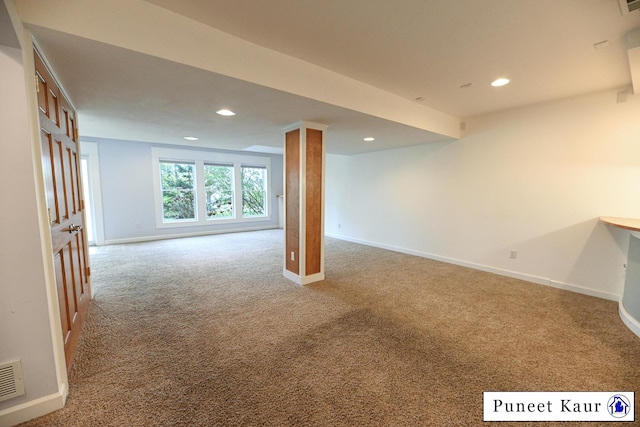 basement with carpet floors, recessed lighting, and baseboards