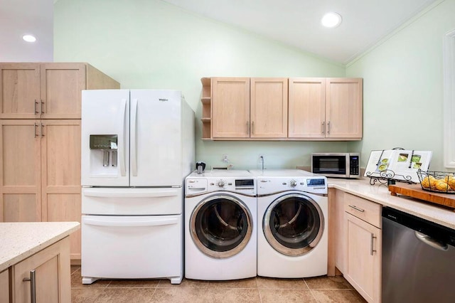 19117 Beaver Dam Rd, Galien, MI 49113 - laundry room featuring independent washer and dryer, light tile patterned flooring, laundry area, recessed lighting, and ornamental molding