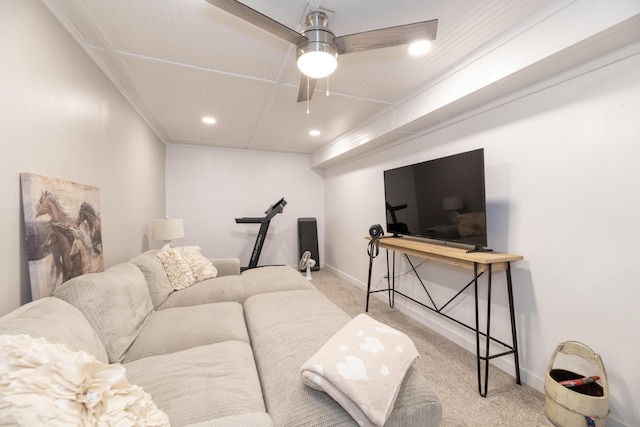 living area with recessed lighting, carpet flooring, baseboards, and a ceiling fan
