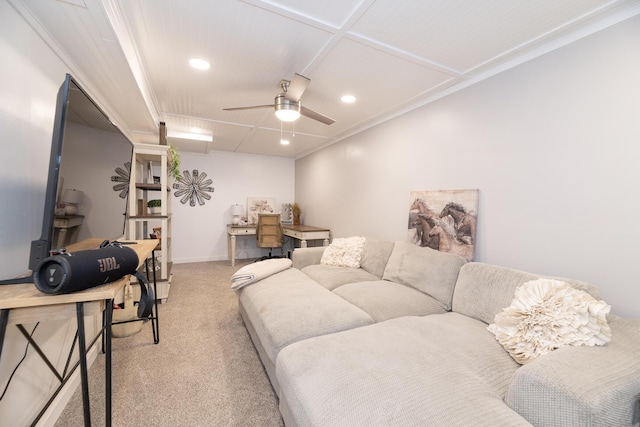 living room with recessed lighting, carpet flooring, baseboards, and a ceiling fan