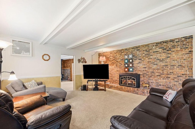 living area with brick wall, a fireplace, wainscoting, beamed ceiling, and carpet flooring