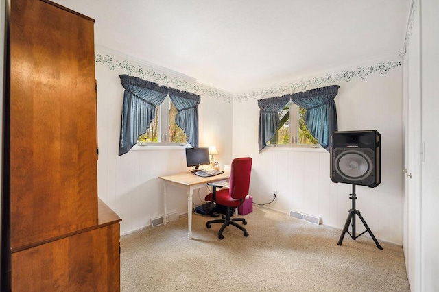 office area with visible vents and carpet