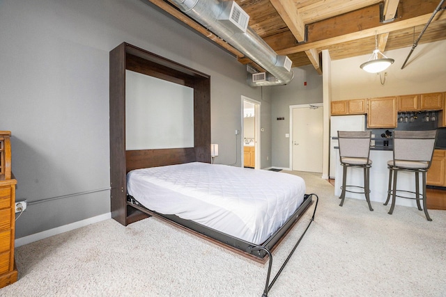 bedroom featuring visible vents, wood ceiling, light colored carpet, and beamed ceiling