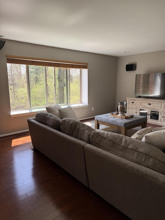 living room with baseboards and dark wood finished floors