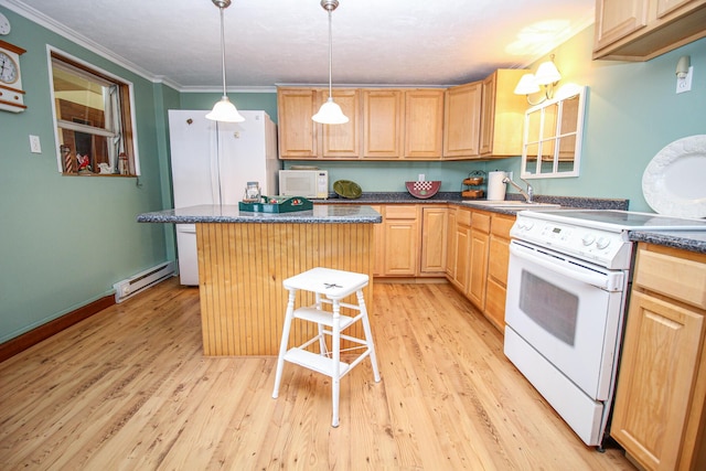 kitchen featuring a sink, light brown cabinetry, white appliances, a center island, and a baseboard radiator