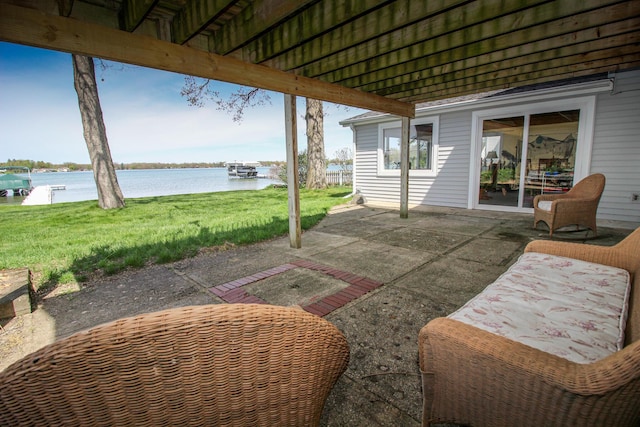 view of patio featuring a water view