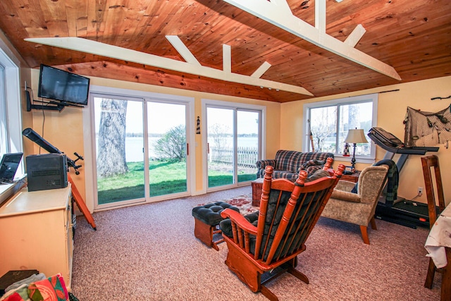 living area with carpet, vaulted ceiling with skylight, and wooden ceiling