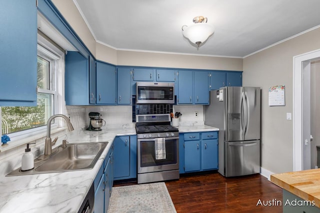 kitchen with blue cabinets, a sink, and appliances with stainless steel finishes