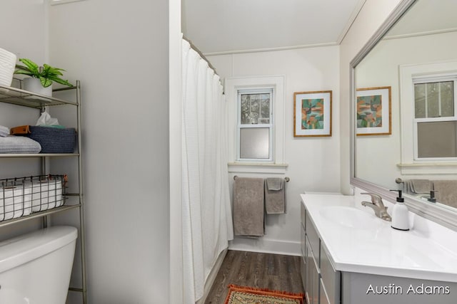 bathroom with wood finished floors, vanity, baseboards, toilet, and a shower with shower curtain