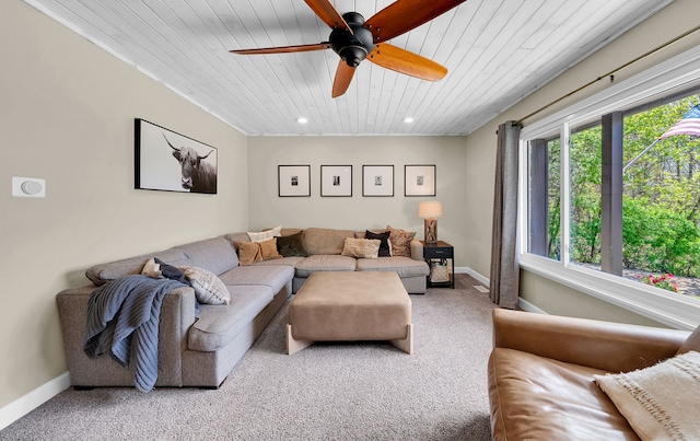 1205 Mckail Rd, Leonard, MI 48367 - carpeted living room featuring wood ceiling, baseboards, ceiling fan, and recessed lighting