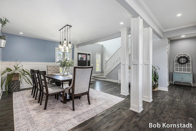 3779 Mesa Verde Dr, Hudsonville, MI 49426 - dining space with stairs, ornate columns, dark wood finished floors, and recessed lighting