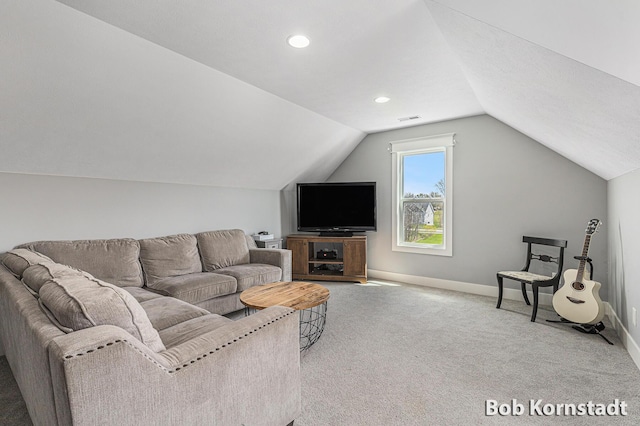 3779 Mesa Verde Dr, Hudsonville, MI 49426 - carpeted living room featuring recessed lighting, baseboards, visible vents, and lofted ceiling
