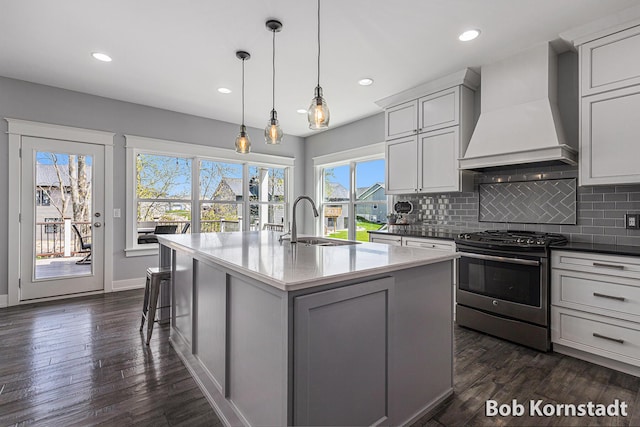 3779 Mesa Verde Dr, Hudsonville, MI 49426 - kitchen featuring dark wood-style flooring, a sink, stainless steel gas range oven, decorative backsplash, and custom exhaust hood