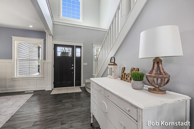 3779 Mesa Verde Dr, Hudsonville, MI 49426 - foyer featuring stairs, recessed lighting, dark wood finished floors, and wainscoting
