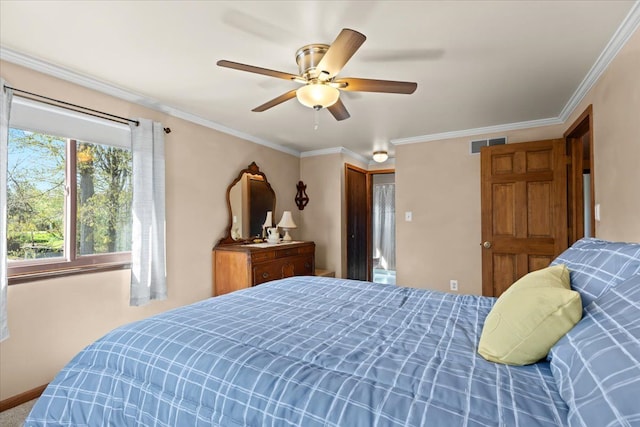 bedroom with crown molding, a ceiling fan, and visible vents