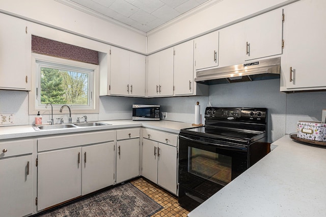 kitchen featuring crown molding, a sink, stainless steel microwave, under cabinet range hood, and black range with electric stovetop
