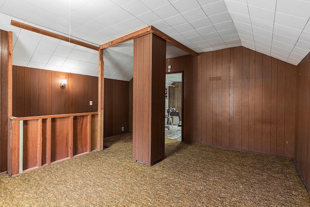 basement with wooden walls and carpet floors