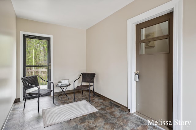 living area featuring baseboards and stone finish flooring