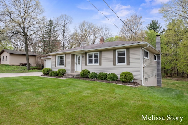 ranch-style house with a garage, a chimney, concrete driveway, and a front lawn