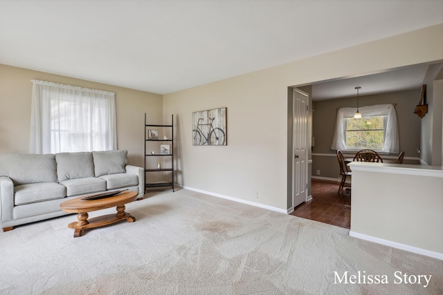 living area featuring carpet floors and baseboards