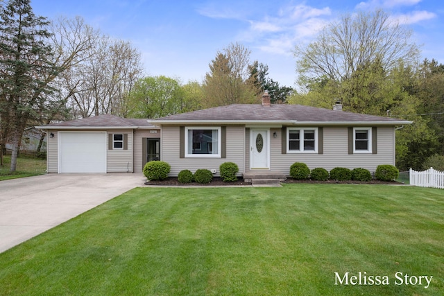 ranch-style house with fence, a front yard, a chimney, concrete driveway, and an attached garage
