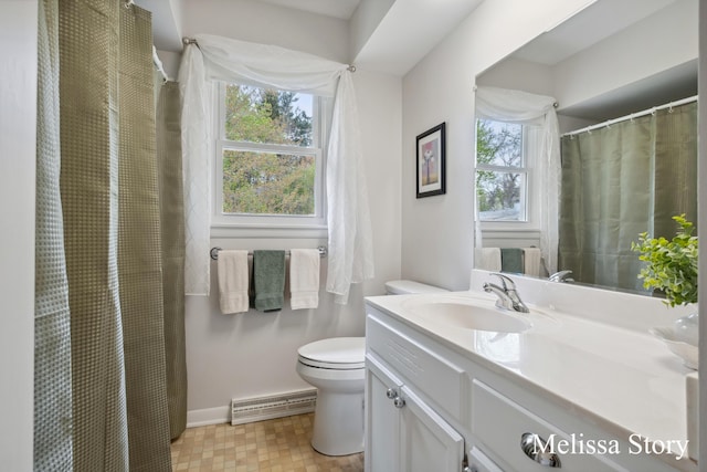 full bathroom featuring vanity, baseboards, toilet, and visible vents