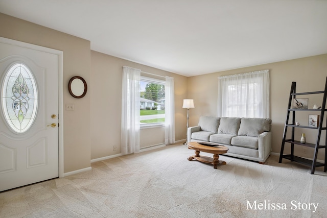 living area featuring baseboards and carpet