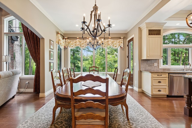 11599 Erins Way, Romeo, MI 48065 - dining area with a chandelier, dark wood-type flooring, baseboards, recessed lighting, and crown molding