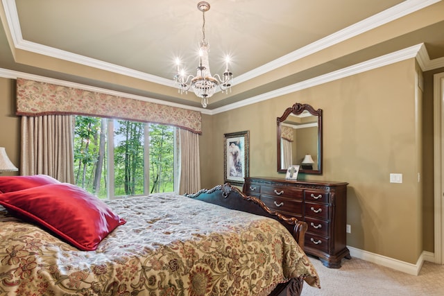 11599 Erins Way, Romeo, MI 48065 - bedroom with a chandelier, light colored carpet, crown molding, and baseboards