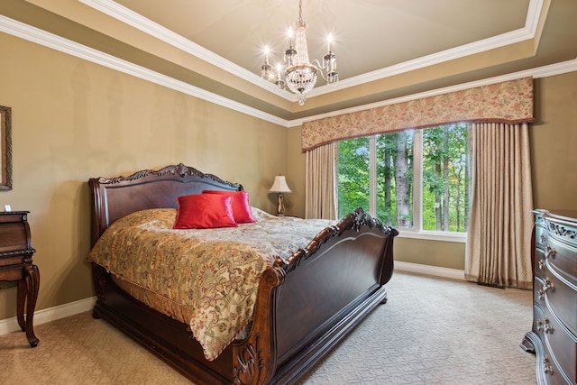 11599 Erins Way, Romeo, MI 48065 - bedroom with a chandelier, carpet floors, baseboards, ornamental molding, and a tray ceiling