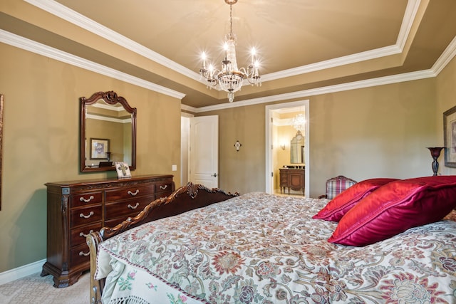 11599 Erins Way, Romeo, MI 48065 - bedroom featuring a chandelier, ornamental molding, a tray ceiling, baseboards, and ensuite bathroom