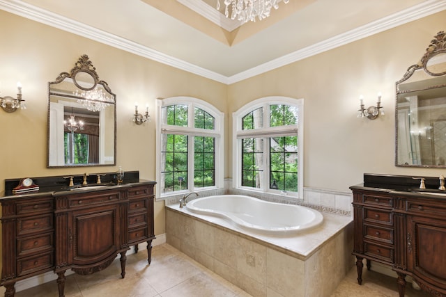 11599 Erins Way, Romeo, MI 48065 - full bath with a chandelier, a bath, ornamental molding, tile patterned flooring, and two vanities