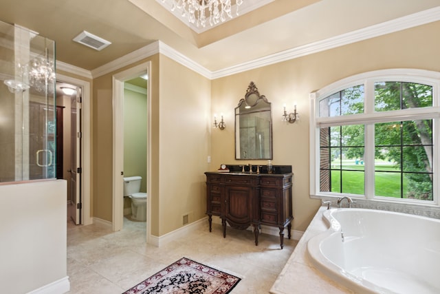11599 Erins Way, Romeo, MI 48065 - bathroom featuring a garden tub, toilet, vanity, ornamental molding, and a shower stall