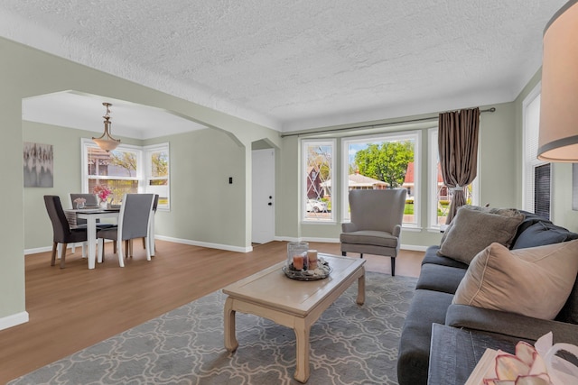 19950 Gilchrist St, Detroit, MI 48235 - living room featuring arched walkways, a textured ceiling, and wood finished floors