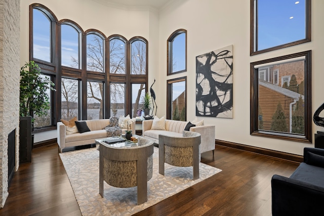 5820 Lakeview Ave, Orchard Lake, MI 48323 - living area with a high ceiling, a fireplace, baseboards, dark wood-type flooring, and ornamental molding